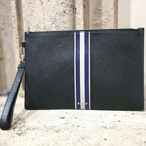 Bally Benery Embossed Zipped Pouch(Men's) W 10.24 x H 7x D 0.39) Navy/Ivory